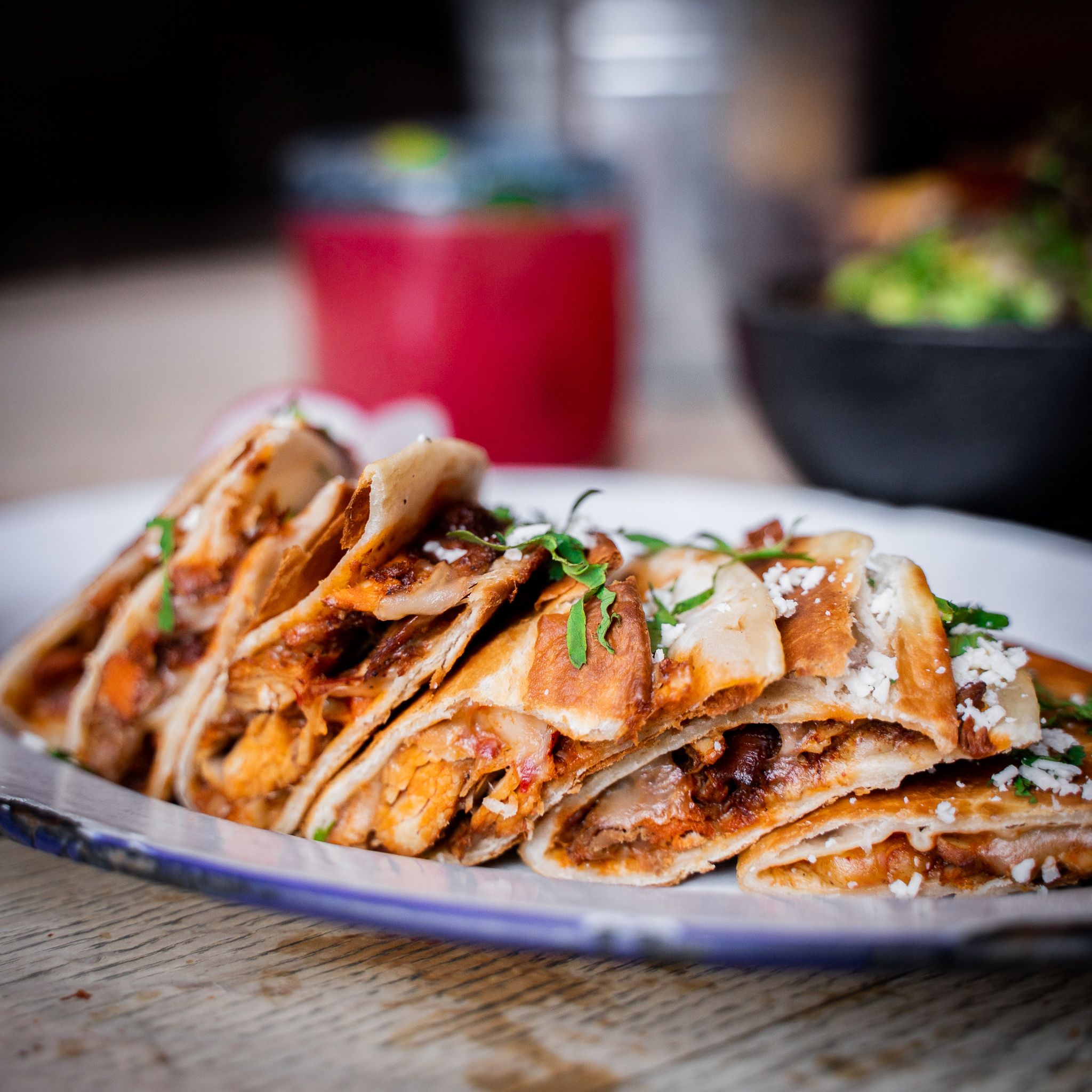 Federales Tacos and Tequila signature dishes Smoked Chicken QuesadillasCrispy Chicken TaquitosRibeye Taco